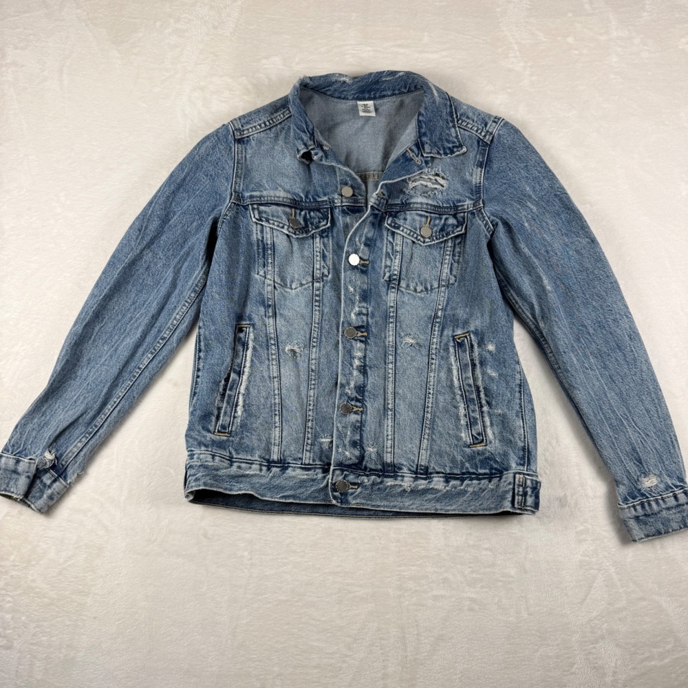 H&M Distressed Denim Jacket Blue Button Up Trucker Style Ripped Size EUR 36 US 6